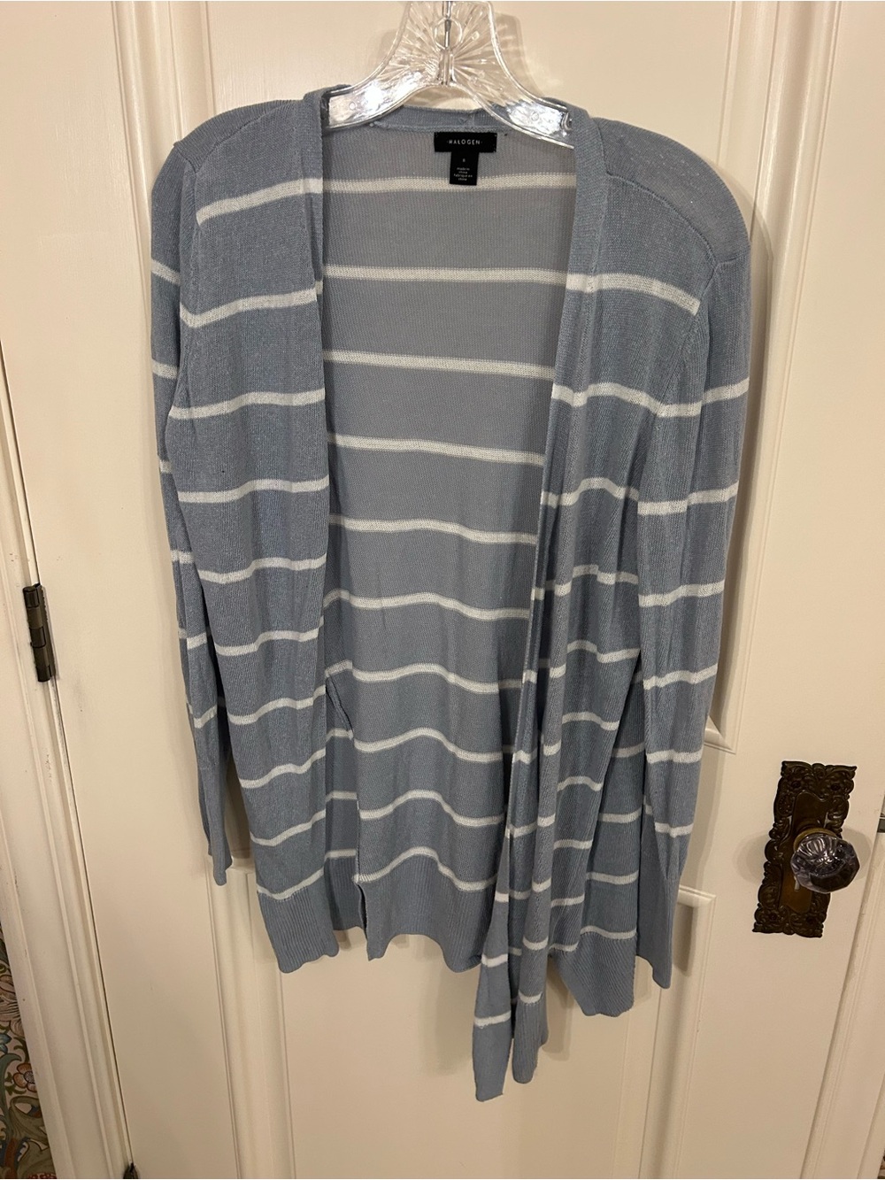 Halogen Blue and White Striped Light Weight Open Cardigan